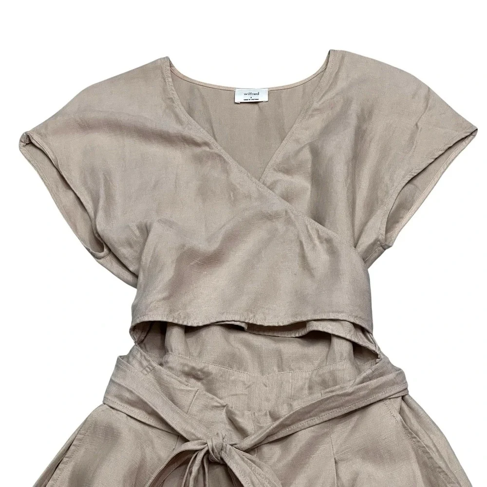 Wilfred Brax Jumpsuit Beige Size 8 Linen Blend Wide Legs Wrap Front Tie Waist